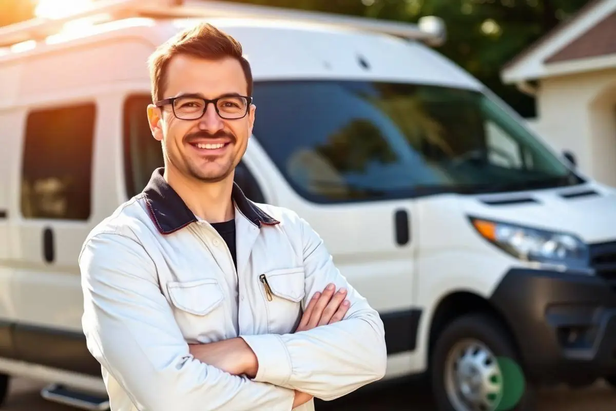 Technicien Pare-Brise 30 devant son camion atelier Technicien Pare-Brise 30 devant son camion atelier